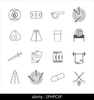 Collection of icons with different sports and healthy eating in outline design Stock Photo