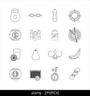 Collection of icons with different sports and healthy eating in outline design Stock Photo