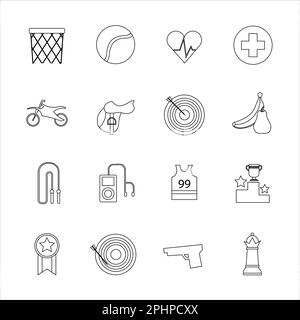 Collection of icons with different sports and healthy eating in outline design Stock Photo