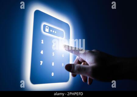 Password number in abstract lock screen. Data protection technology in future. Cyber security from online fraud, identity theft or digital crime. Stock Photo