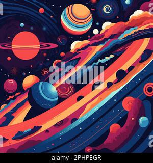 A vibrant image of several planets, including Saturn, in the night sky against a star-filled background Stock Photo