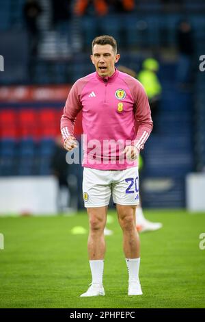 Ryan Jack, who plays for Rangers FC, playing in Europpean Qualifier against Spain at Hampden Park, Glasgow, Scotland during a training and warm up ses Stock Photo