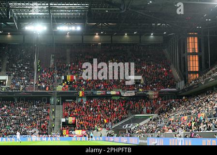 Köln , Germany . 28 March 2023, Belgian fans and supportes pictured during a friendly soccer game between the national teams of Germany and Belgium , called the Red Devils  , on  Tuesday 28 March 2023  in Köln , Germany . PHOTO SPORTPIX | David Catry Stock Photo