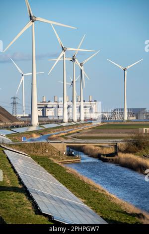 Solar park on the Slaperdijk dike near the Eemshaven, test project, 17,000 solar modules were installed on a good 5 KM, the Netherlands has over 22,00 Stock Photo