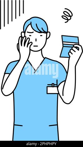 Male nurse, physical therapist, occupational therapist, speech therapist, nursing assistant in Uniform looking at his bankbook and feeling depressed, Stock Vector