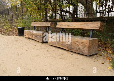 Modern Wooden Bench in Park, Outdoor City Architecture, Wood Benches, Outdoor Chair, Urban Public Furniture, Empty Plank Seat, Comfortable Bench in Re Stock Photo
