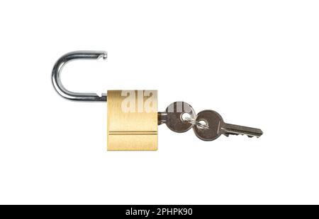 Closed Lock Isolated, Locked Gold Padlock with Key on White Background, Metallic Locker, Privacy, Security Concept, Clipping Path Stock Photo