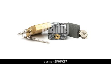 Three Closed Locks Isolated, Golden and Black Padlocks Locked Together on White Background Stock Photo
