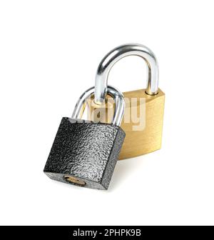 Two Closed Locks Isolated, Golden and Black Padlocks Locked Together on White Background Stock Photo