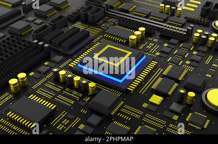 Gold and Black Computer MicroProcessor and Motherboard - 3D Illustration Rendering Stock Photo