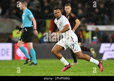 Köln , Germany . 28 March 2023, Lois Openda (17) of Belgium pictured during a friendly soccer game between the national teams of Germany and Belgium , called the Red Devils  , on  Tuesday 28 March 2023  in Köln , Germany . PHOTO SPORTPIX | David Catry Stock Photo