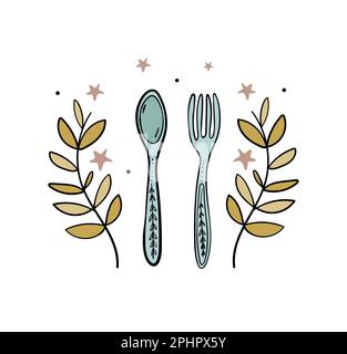 Color vintage line drawing fork and spoon in boho style with floral ornament, modern icon for menu, wedding, diet. Doodle illustration for cafe, resta Stock Vector