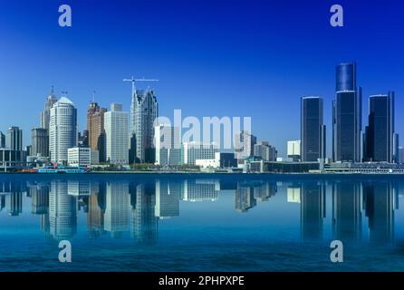 1991 HISTORICAL DOWNTOWN SKYLINE DETROIT MICHIGAN USA Stock Photo