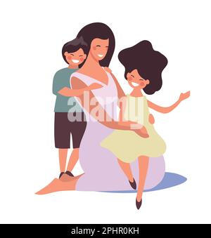 Mother hugging with son and daughter, happy family with children, woman with boy and girl, mother s day flat illustration. Flat cartoon vector isolate Stock Vector