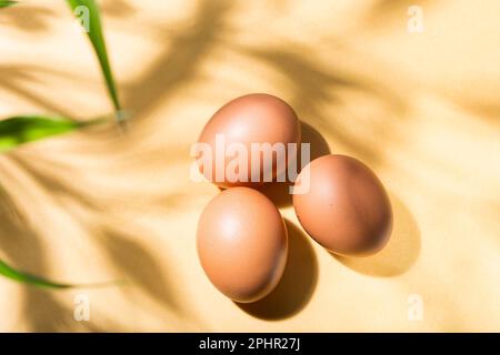 three chicken eggs on a yellow background, top view Stock Photo