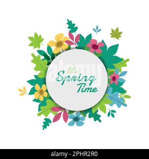 Spring floral background in circular frame with butterflies and flowers vector illustration design. Spring circle frame greeting card and flowers deco Stock Vector