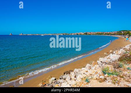 seaside view of Methoni castle in Greece during a sunny day. Stock Photo