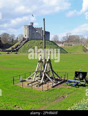 Wooden Trebuchet catapult at Cardiff Castle, with Norman keep in background.. March 2023. Spring. Stock Photo