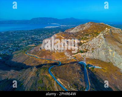 Panorama of Acrocorinth castle and Corinth town in Greece. Stock Photo