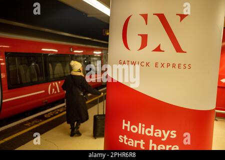 London- January 2023: Gatwick Express train at London Victoria train station Stock Photo