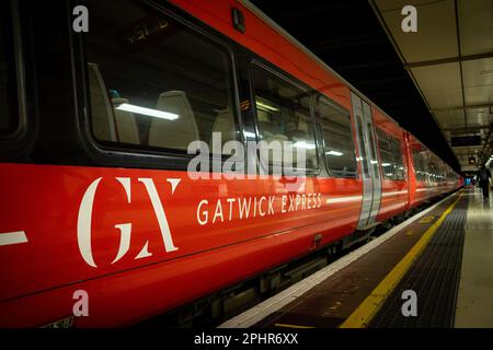 London- January 2023: Gatwick Express train at London Victoria train station Stock Photo