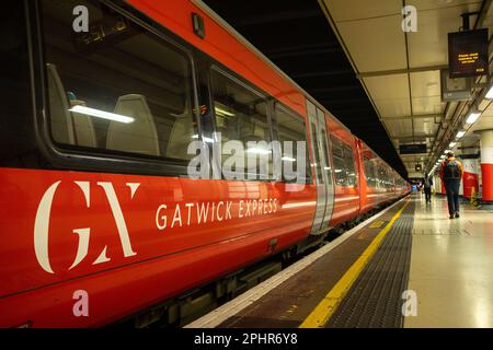 London- January 2023: Gatwick Express train at London Victoria train station Stock Photo