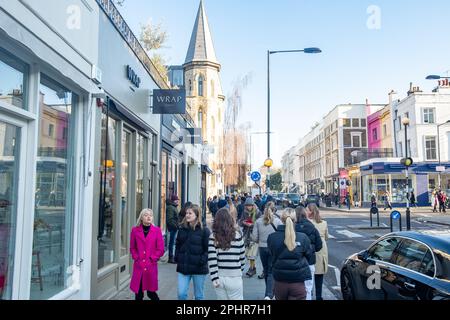 London- January 2023: Westbourne Grove high street shops in Notting Hill area of west London Stock Photo