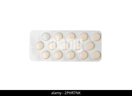 Pill Blister Isolated, Yellow Capsule Package, Drugs Packaging, Pill Pack, Pharmacy Box, Medicine Capsules Blister on White Background, Clipping Path Stock Photo