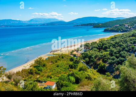 Panorama view of Kalamaki beach at Corfu island, Greece. Stock Photo