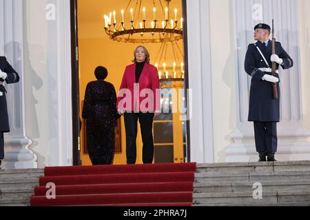 Berlin, Germany, 29th Mar 2023,  President of the Bundestag Bärbel Bas on the stairs of the Schloss Bellevue to the state banquet for King Charles III. Sven Struck/Alamy Live News Stock Photo