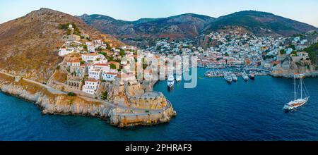 Sunset panorama view of Hydra town in Greece. Stock Photo
