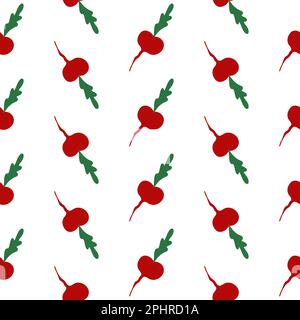 Abstract simple hand drawn beetroot seamless pattern. Red vegetable vegeterian background. Fresh doodle kids beet with top for home kitchen interior textile cover. Vector illustration Stock Vector