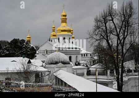 View of Exaltation of the Cross Church of the Kiev-Pechersk Lavra in Kyiv. Kyiv-Pechersk Lavra, also known as the Kyiv Monastery of the Caves, is the oldest monastery in the territory of Ukraine. Currently, Ukraine's Ministry of Culture released a statement on March 10, 2023, saying that the National Reserve 'Kyiv-Pechersk Lavra' sent a warning to the Kyiv-Pechersk Lavra monastery of the Ukrainian Orthodox Church (Moscow Patriarchate) about its termination. The announcement follows a December 2022 presidential decree banning activities by religious organizations associated with Russia in Ukrai Stock Photo