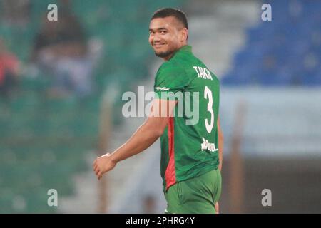 Taskin Ahmed celebrates one of his three wickets  along teammates as  Bangladesh saw a number of records break in their thumping 77-run win over Irela Stock Photo