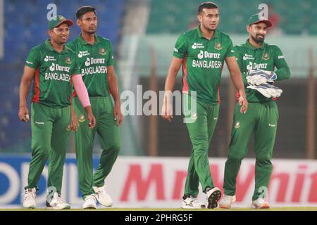 Taskin Ahmed celebrates one of his three wickets  along teammates as  Bangladesh saw a number of records break in their thumping 77-run win over Irela Stock Photo