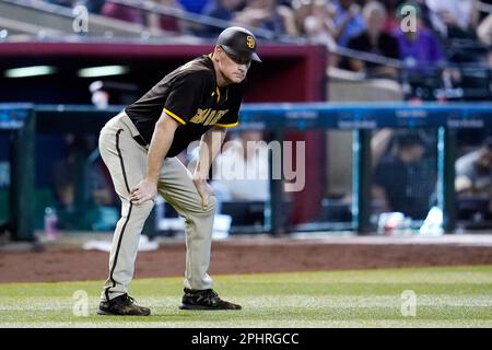 Arizona Diamondbacks' third baseman Lourdes Gurriel Jr. laughs as one of  his sons steals his hat before their game with the Cleveland Guardians,  Sunday, June 18, 2023, in Phoenix. (AP Photo/Darryl Webb