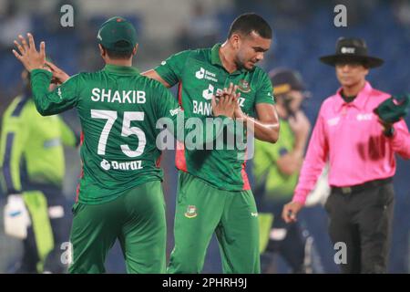 Taskin Ahmed celebrates alon Shakib Al Hasan one of his three wickets Bangladesh saw a number of records break in their thumping 77-run win over Irela Stock Photo