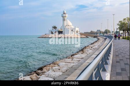 White Salem Bin Laden Mosque built on the island with sea in the background and walking promenade, Al Khobar, Saudi Arabia Stock Photo