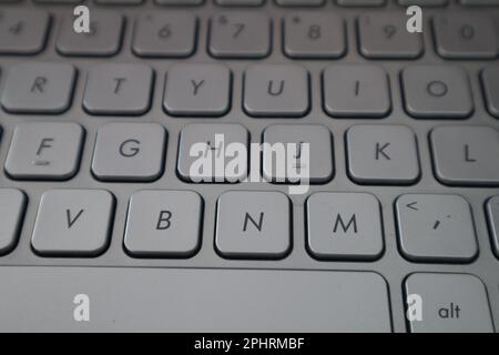 Microphone flat icon on computer keyboard button, business communication online concept Stock Photo