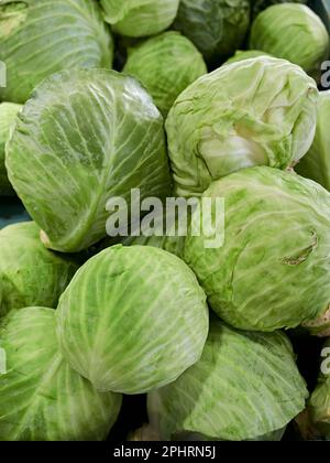 Fresh heads of cabbage for sale at a farm market in Montgomery Alabama, USA. Stock Photo