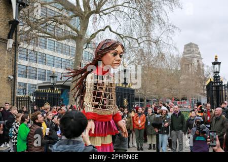 London, UK. 29 March 2023. Giant puppet Little Amal walks around the Tower of London. © Waldemar Sikora Stock Photo