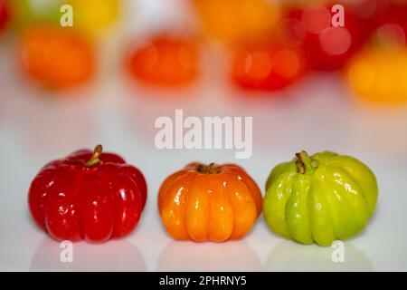 Pitanga fruit (Eugenia uniflora L.), traditional Brazilian wild fruit in selective focus. Stock Photo