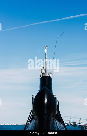 Cacilhas, Portugal - March 27l 2023: Detail NRP Submarine Barracuda turret, built in 1967, today in exhibition at the dry dock Maritime Museum Stock Photo