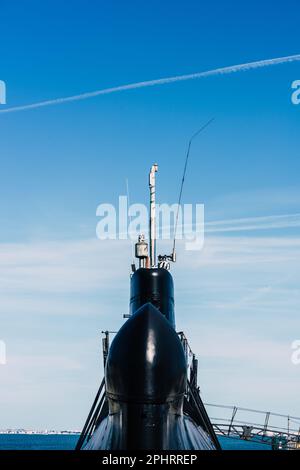 Cacilhas, Portugal - March 27l 2023: Detail NRP Submarine Barracuda turret, built in 1967, today in exhibition at the dry dock Maritime Museum Stock Photo