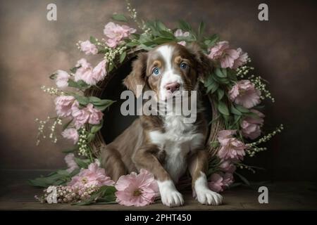 Cute fluffy puppy with a wreath of blue flowers, portrait. Template for postcard, layout with copy space Stock Photo