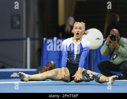 Los Angeles, OK, USA. 29th Mar, 2023. BYU's Rebekah Ripley performs her floor routine during Session 1 of the NCAA Women's Gymnastics Los Angeles Regional at Pauley Pavilion in Los Angeles, OK. Kyle Okita/CSM/Alamy Live News Stock Photo