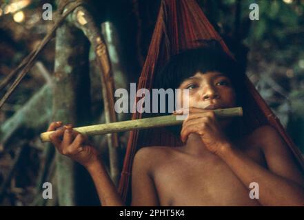 South American Indians: E'ñepa (Panare) young man playing flute in hammock. Rainforest of southern Venezuela. (E'ñepa language belongs to Cariban family) Stock Photo
