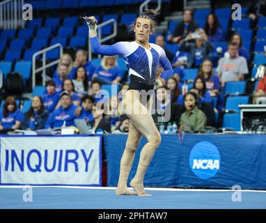 Los Angeles, OK, USA. 29th Mar, 2023. BYU's Sydney Benson performs her floor routine during Session 1 of the NCAA Women's Gymnastics Los Angeles Regional at Pauley Pavilion in Los Angeles, OK. Kyle Okita/CSM/Alamy Live News Stock Photo