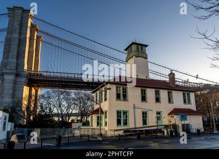 Brooklyn, NY - USA - March 26, 2023 Horizontal view of Ample Hills Creamery, a scoop shop in a former fireboat station located at Ferry Landing at Bro Stock Photo