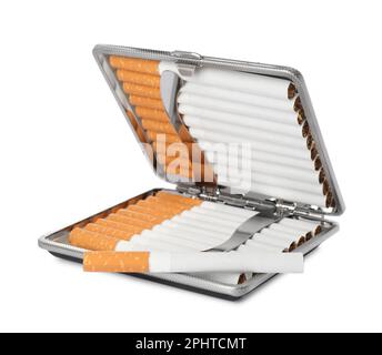 Stylish case with cigarettes isolated on white Stock Photo